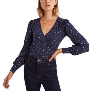 Boden Navy Blue Metallic Gold Polka Dot Faux Wrap Ruched Blouson Sleeve Top - 4